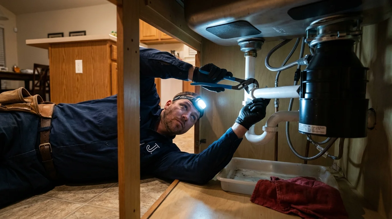 P-trap and supply line connections under a kitchen sink showing a common leak point in Montrose, MI