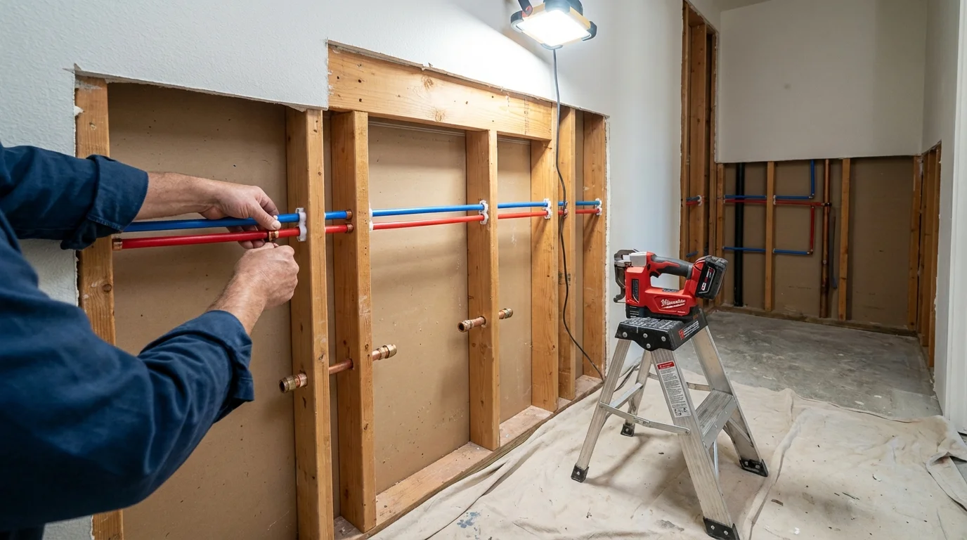 Old galvanized pipes being replaced with modern PEX piping during a whole-house repipe in Montrose, MI